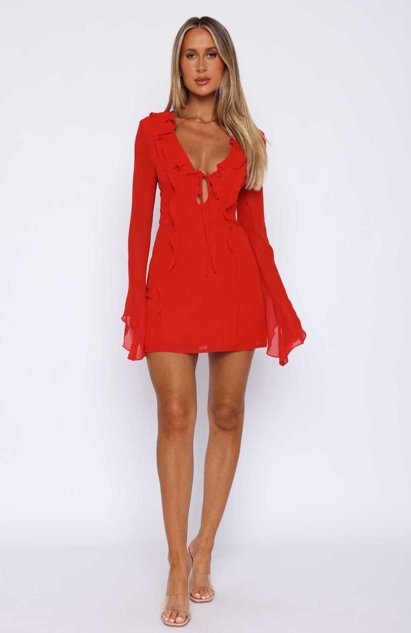 White Fox Falling To Pieces Long Sleeve Mini Dress Red | GNLOBU-350