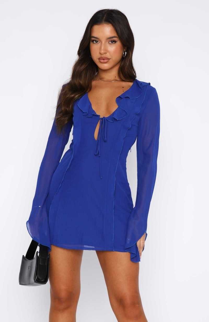 White Fox Falling To Pieces Long Sleeve Mini Dress Azure | MJRTVZ-537