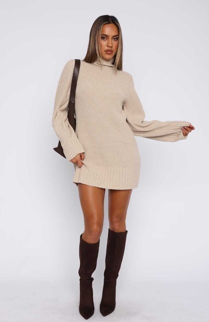 White Fox Fireside Long Sleeve Knit Dress Stone | PMABZK-472