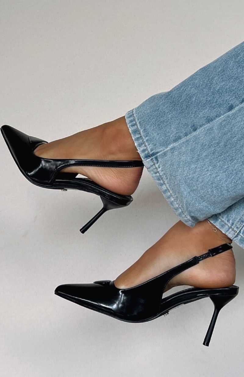 White Fox Georgie Slingback Heels Black Smooth | QJZKXI-283