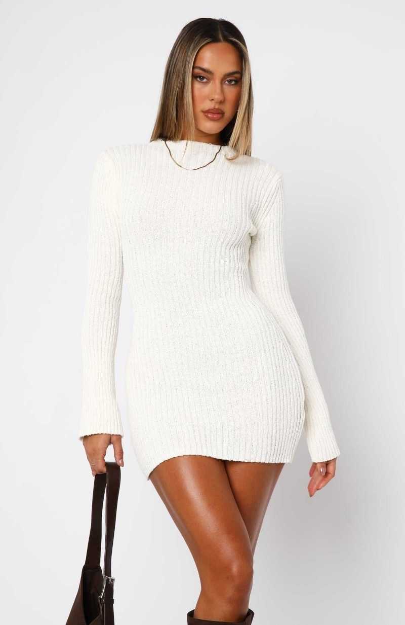 White Fox Get On Down Long Sleeve Knit Mini Dress Off White | FRSMXY-814