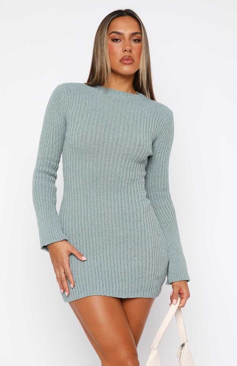 White Fox Get On Down Long Sleeve Knit Mini Dress Steel Blue | TBFUWS-362
