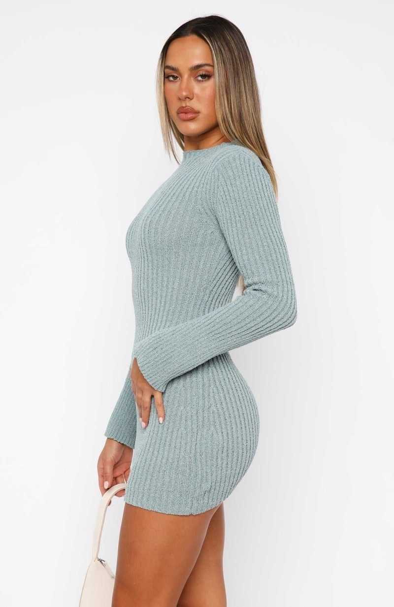 White Fox Get On Down Long Sleeve Knit Mini Dress Steel Blue | TBFUWS-362