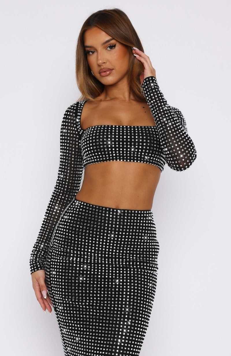White Fox Good Vibes Only Embellished Long Sleeve Top Black | LUYAFI-189