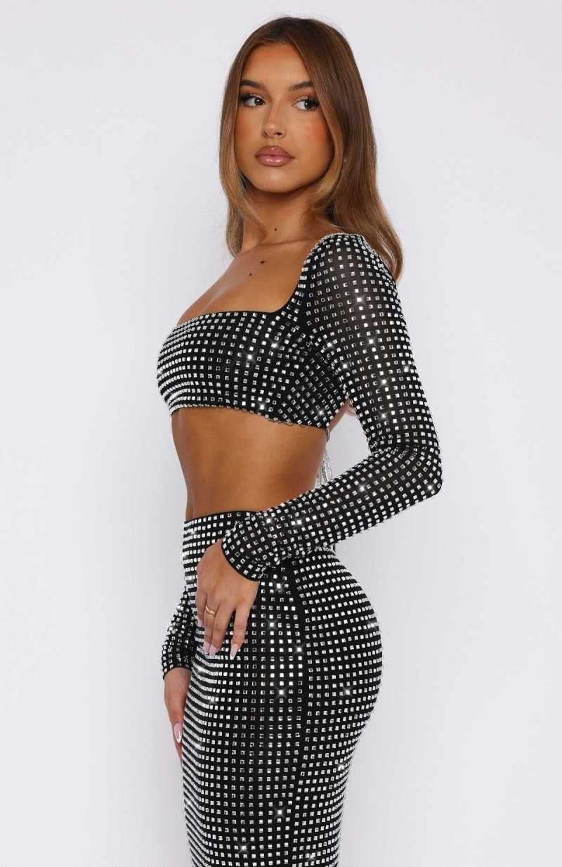 White Fox Good Vibes Only Embellished Long Sleeve Top Black | LUYAFI-189