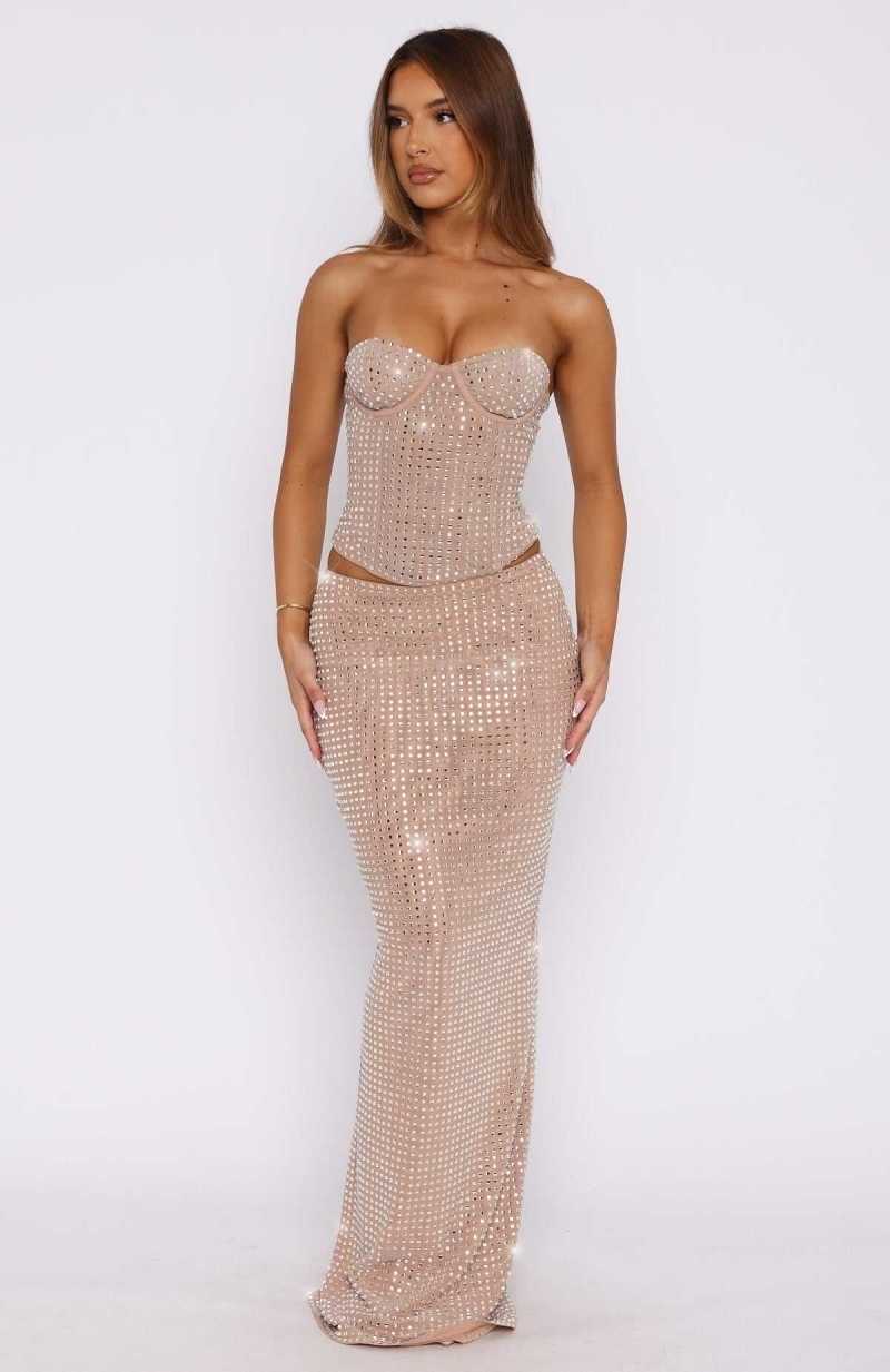 White Fox Good Vibes Only Embellished Maxi Skirt Beige | UKPBWT-514