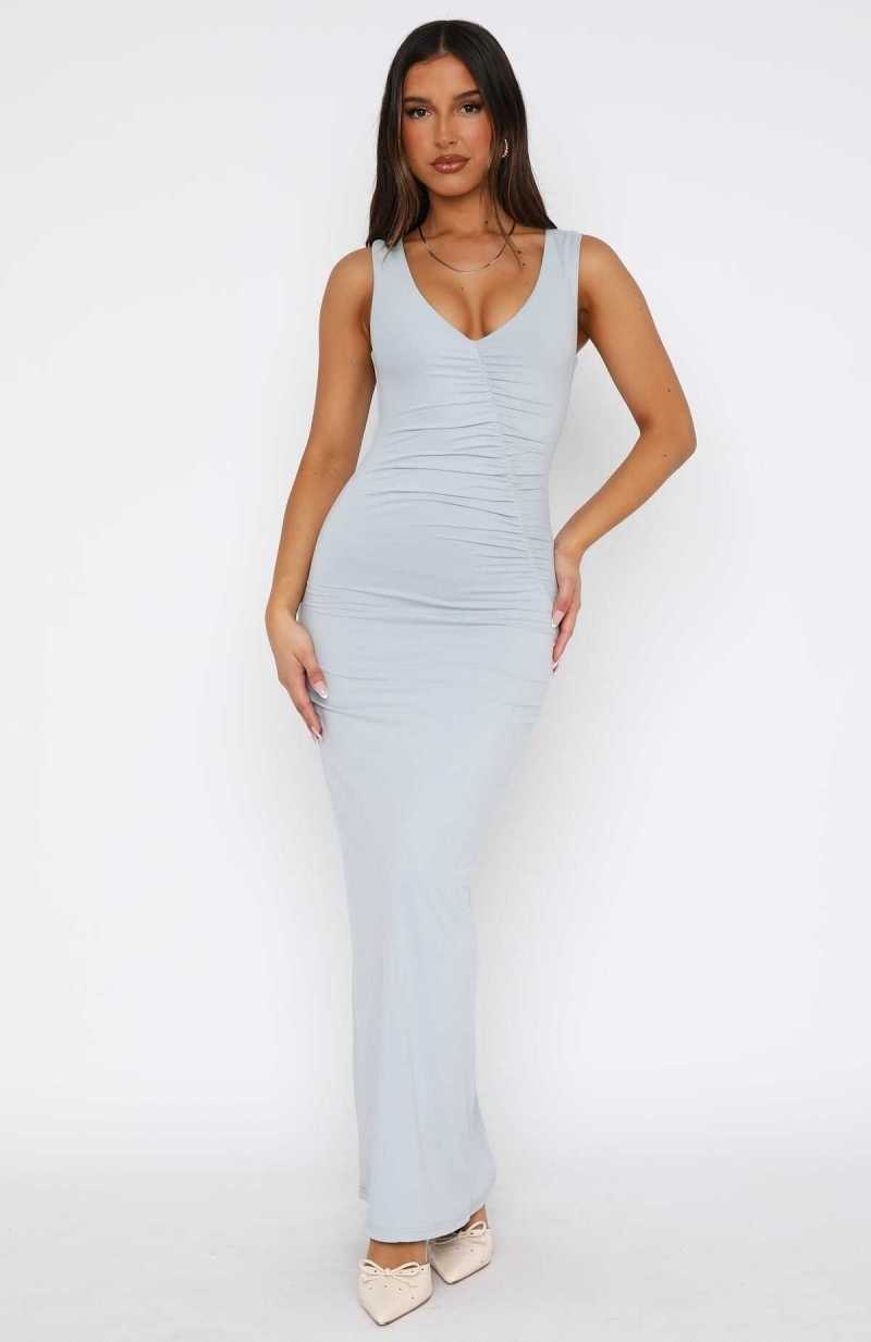 White Fox High Attraction Maxi Dress Dusty Blue | PXTMRK-082