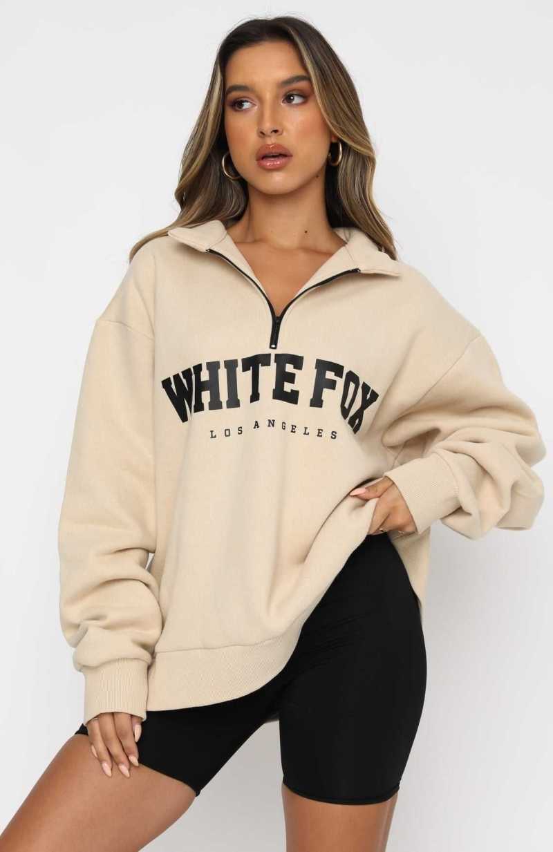 White Fox High Standard Zip Front Sweater Sand | GKSMNQ-605