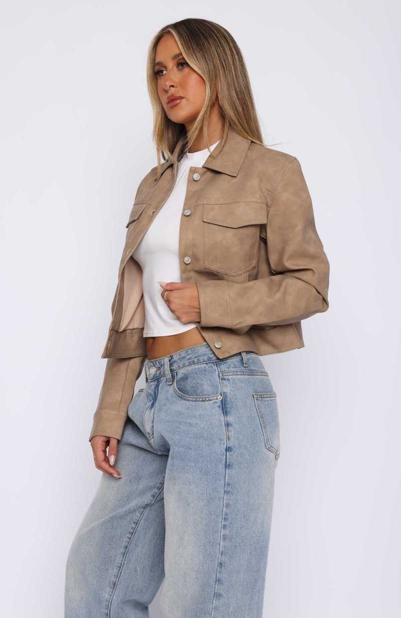 White Fox Hold Tight PU Jacket Camel | HWKPZF-754