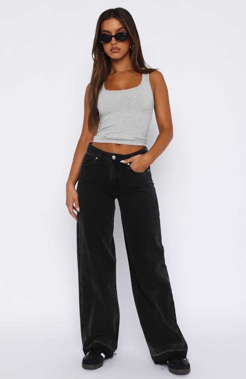 White Fox I Don't Need You Mid Rise Wide Leg Jeans Black Acid Wash | ESNFBJ-294