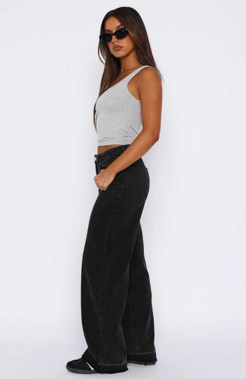 White Fox I Don't Need You Mid Rise Wide Leg Jeans Black Acid Wash | ESNFBJ-294