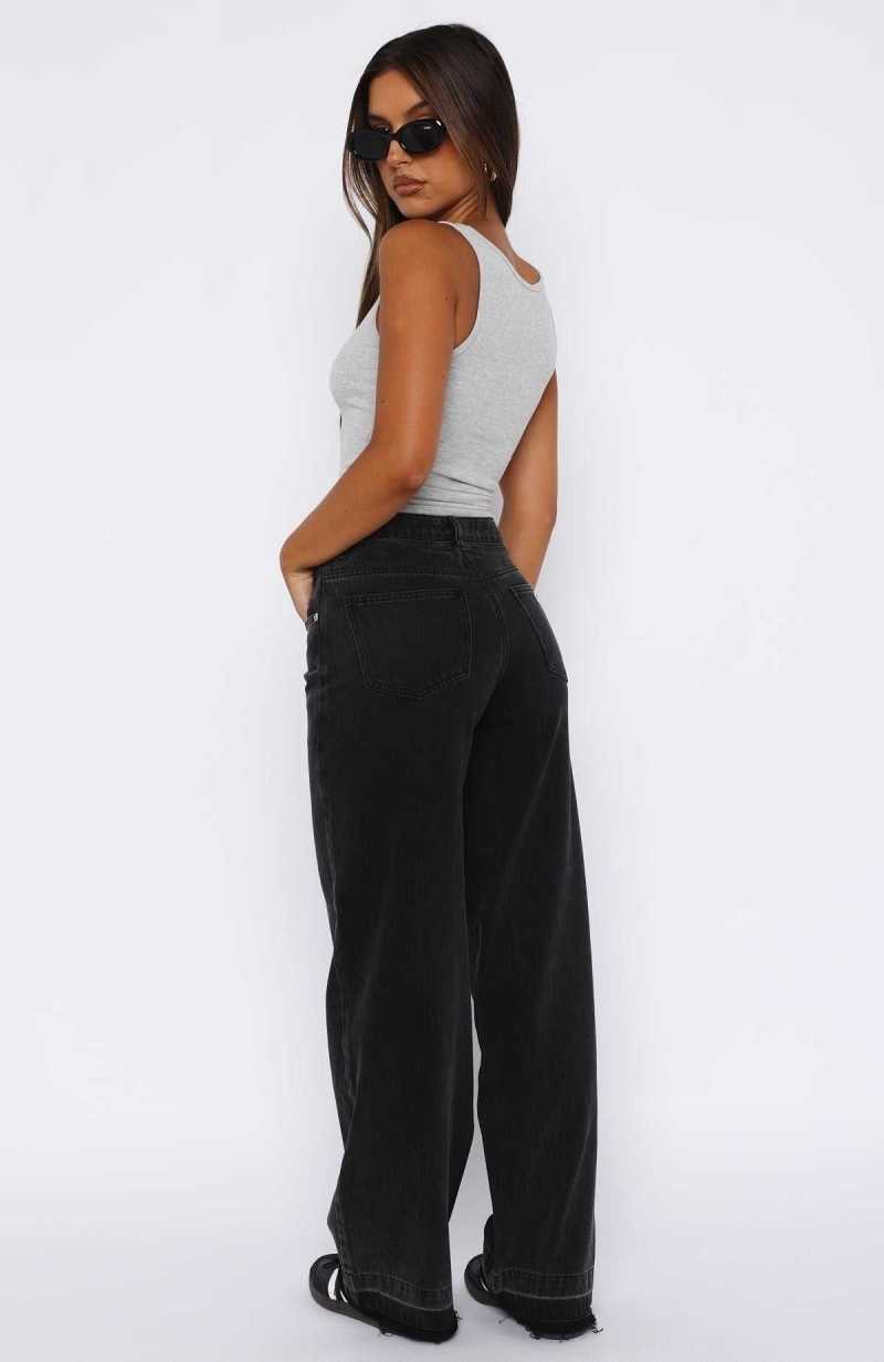 White Fox I Don't Need You Mid Rise Wide Leg Jeans Black Acid Wash | ESNFBJ-294