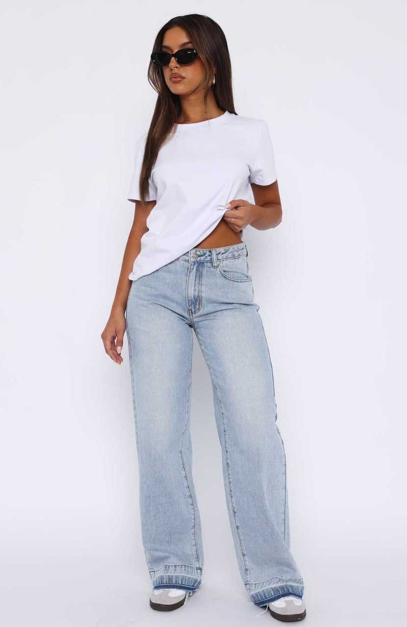 White Fox I Don't Need You Mid Rise Wide Leg Jeans Light Blue Wash | ZRPAES-145