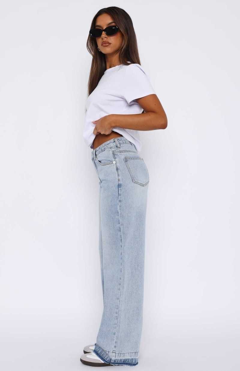 White Fox I Don't Need You Mid Rise Wide Leg Jeans Light Blue Wash | DHXWRJ-372