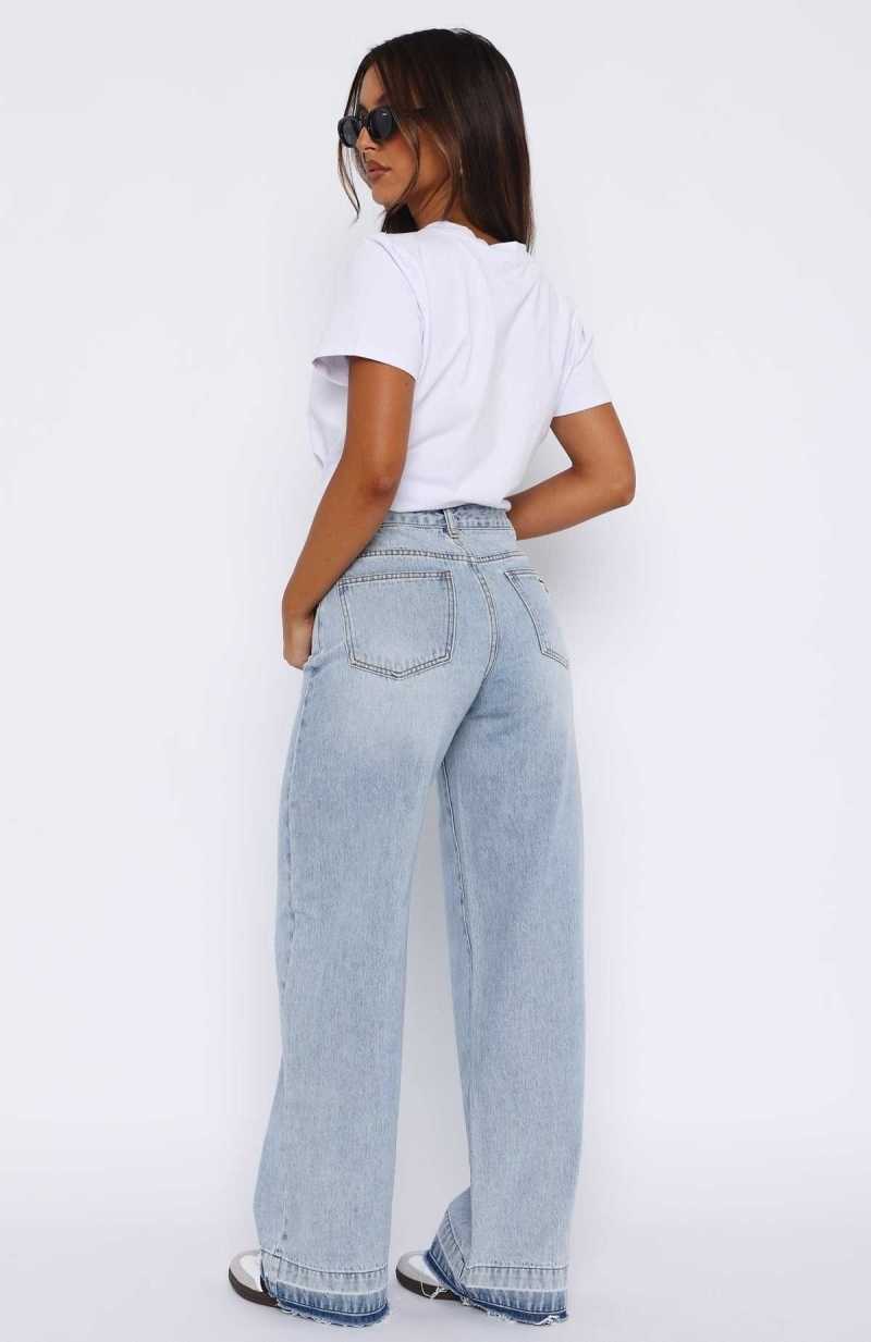White Fox I Don't Need You Mid Rise Wide Leg Jeans Light Blue Wash | DHXWRJ-372
