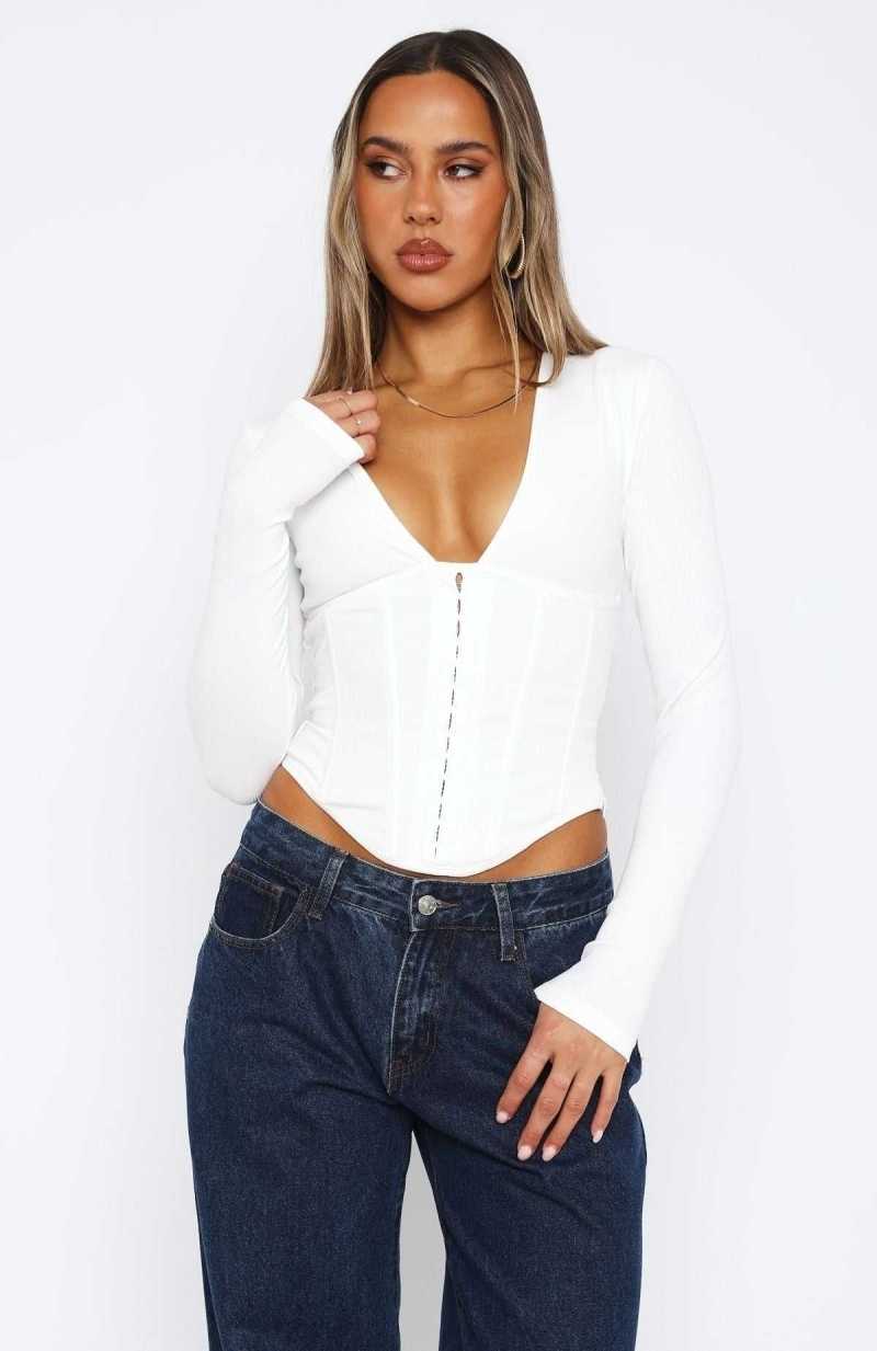 White Fox In Pursuit Long Sleeve Corset White | XIVWBD-529