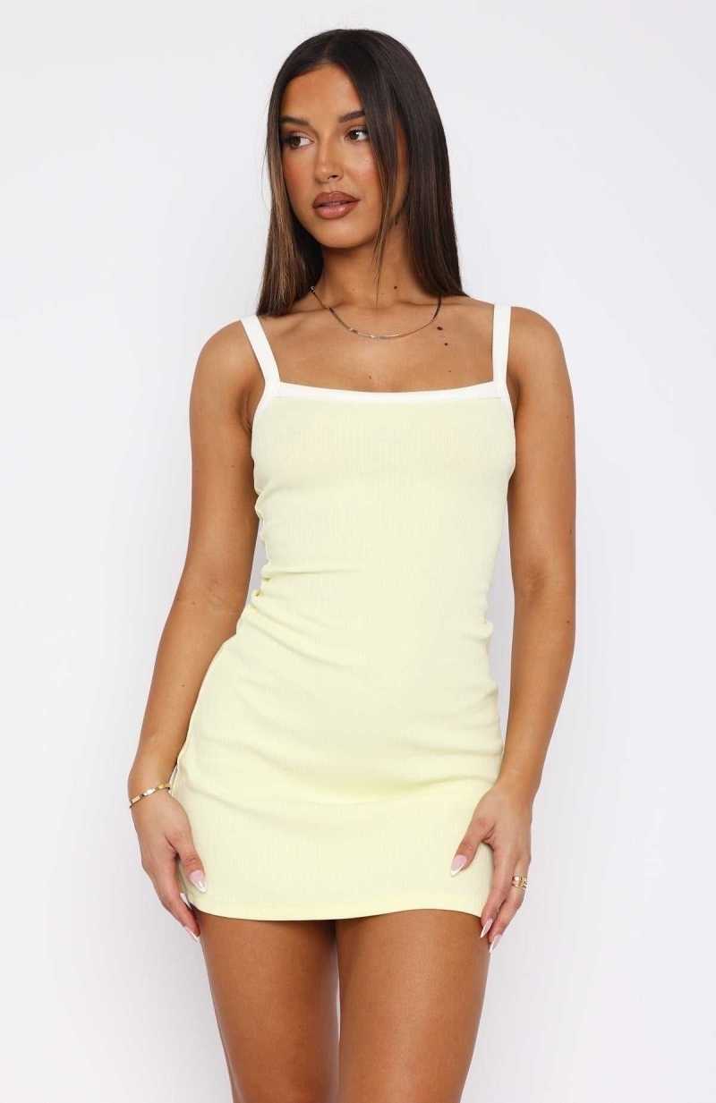 White Fox In This Moment Ribbed Mini Dress Lemon/White | GXJKBV-814