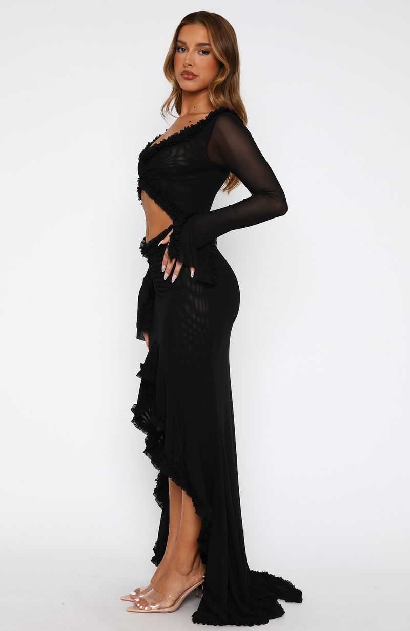 White Fox It Takes Time Long Sleeve Mesh Maxi Dress Black | ADHOBM-571