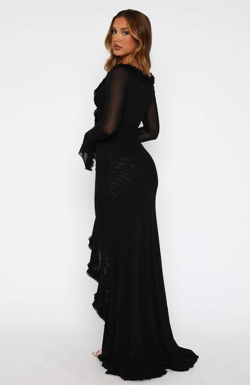 White Fox It Takes Time Long Sleeve Mesh Maxi Dress Black | ADHOBM-571