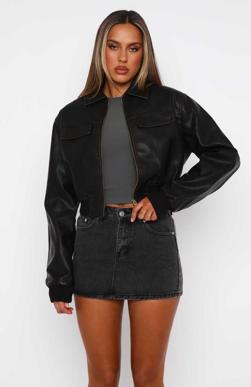 White Fox Jaded Nights PU Bomber Jacket Dark Chocolate | IPGXND-489
