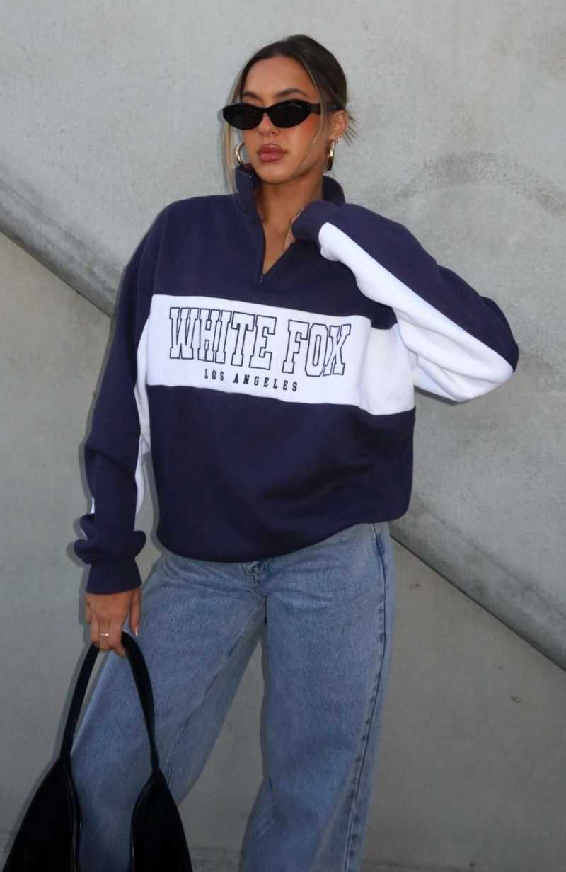 White Fox Jokes On You Zip Front Sweater Navy | CNILUK-628