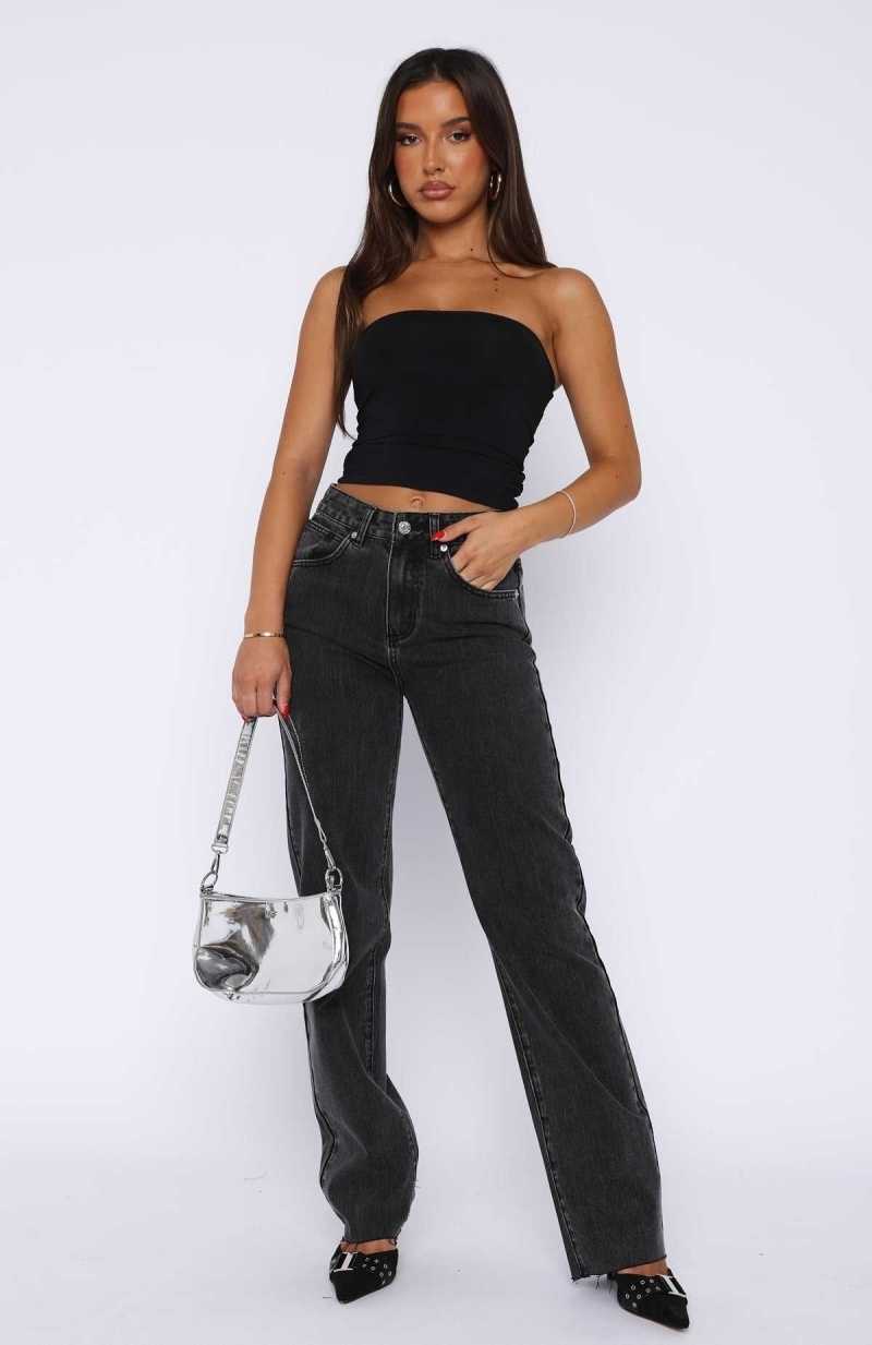White Fox Jordyn High Waisted Straight Leg Jeans Washed Black | LWREGN-173