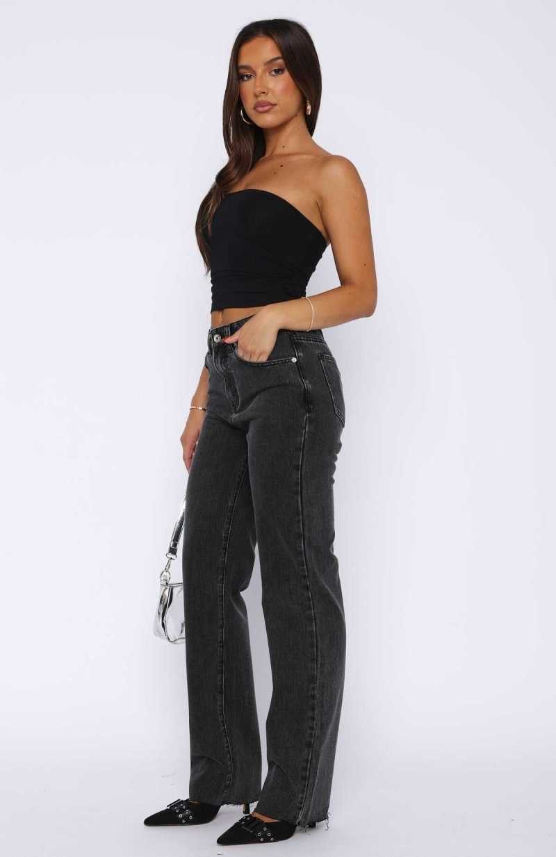 White Fox Jordyn High Waisted Straight Leg Jeans Washed Black | LWREGN-173