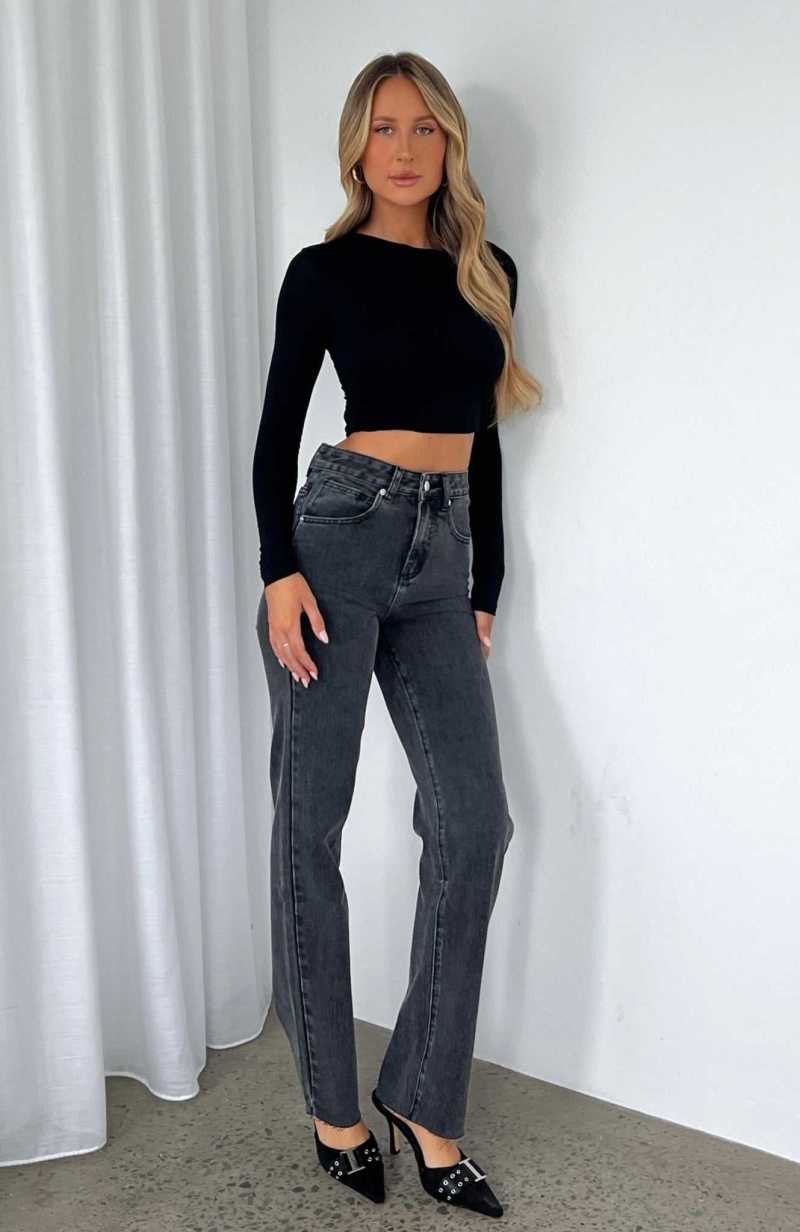 White Fox Jordyn High Waisted Straight Leg Jeans Washed Black | LWREGN-173