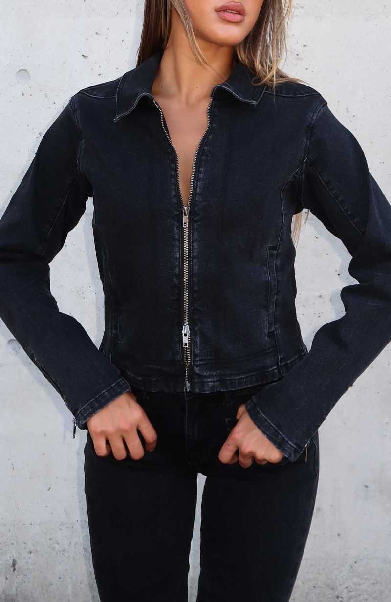 White Fox Kayla Denim Jacket Black Acid Wash | DHQYVR-659