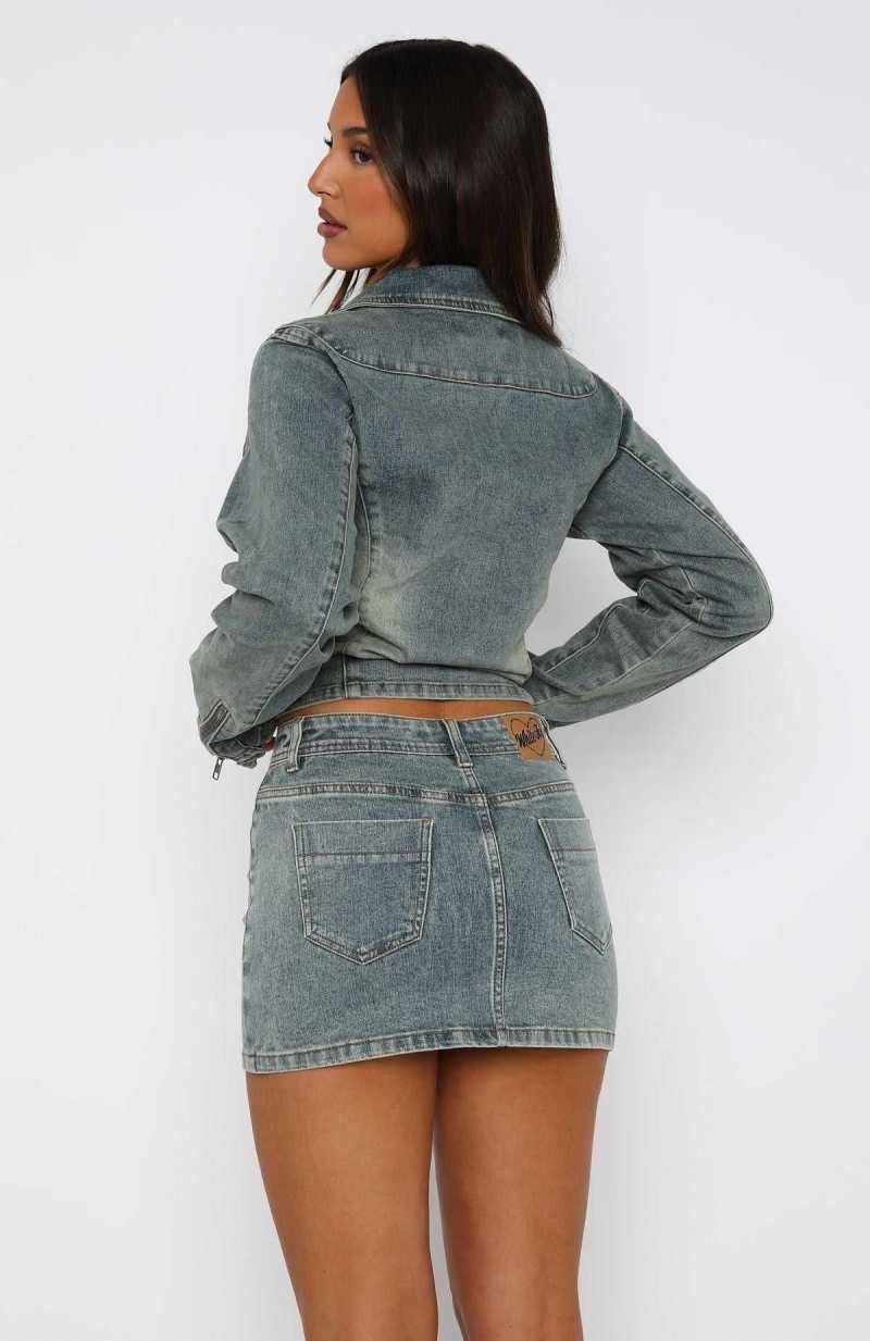 White Fox Kayla Denim Mini Skirt Brown Blue Wash | IXJRKN-896