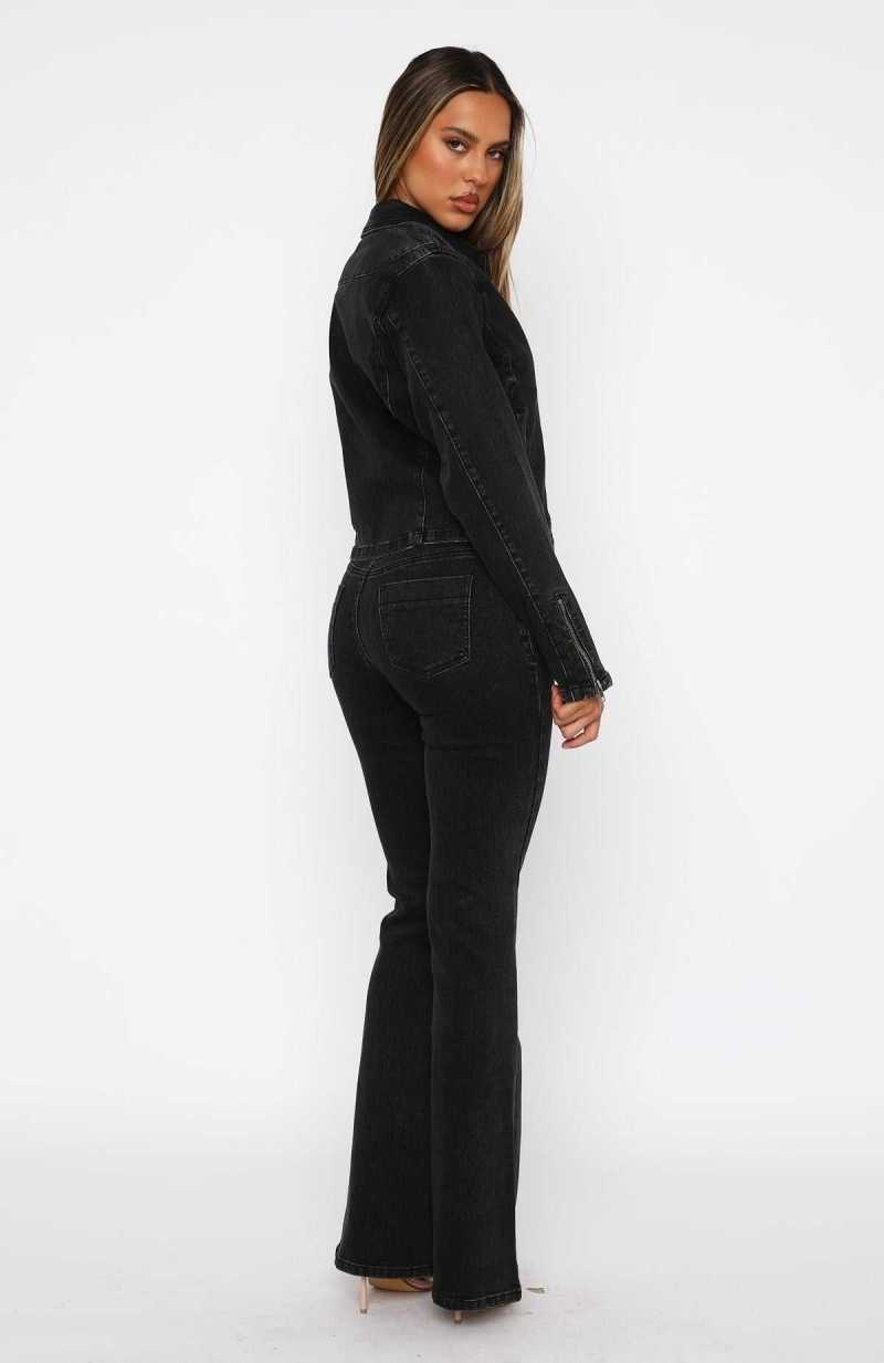 White Fox Kayla Mid Rise Flare Jeans Black Acid Wash | IXTEWM-057