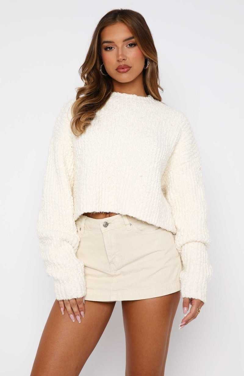 White Fox Leave Without Me Knit Sweater Cream | KJWVYS-409