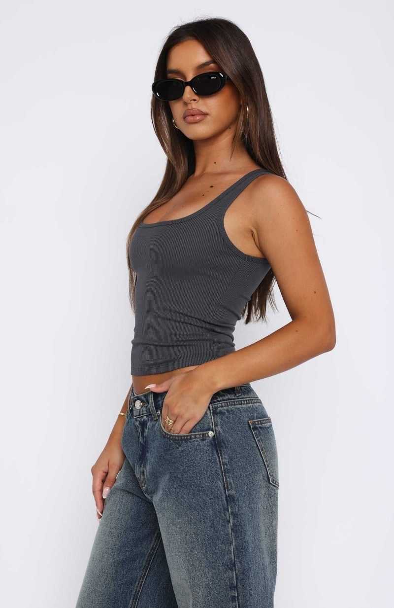 White Fox Let Me Adore You Ribbed Tank Top Charcoal | BHNTPO-501