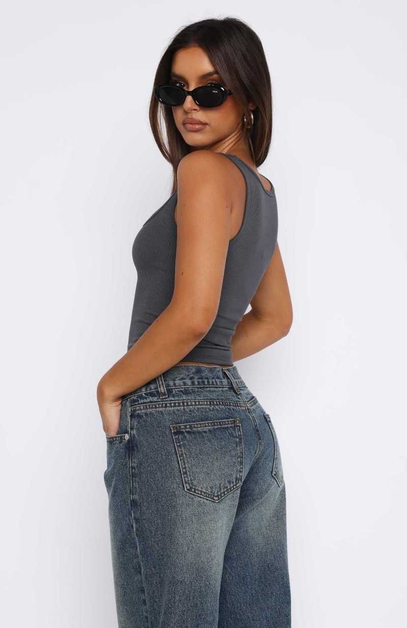White Fox Let Me Adore You Ribbed Tank Top Charcoal | BHNTPO-501