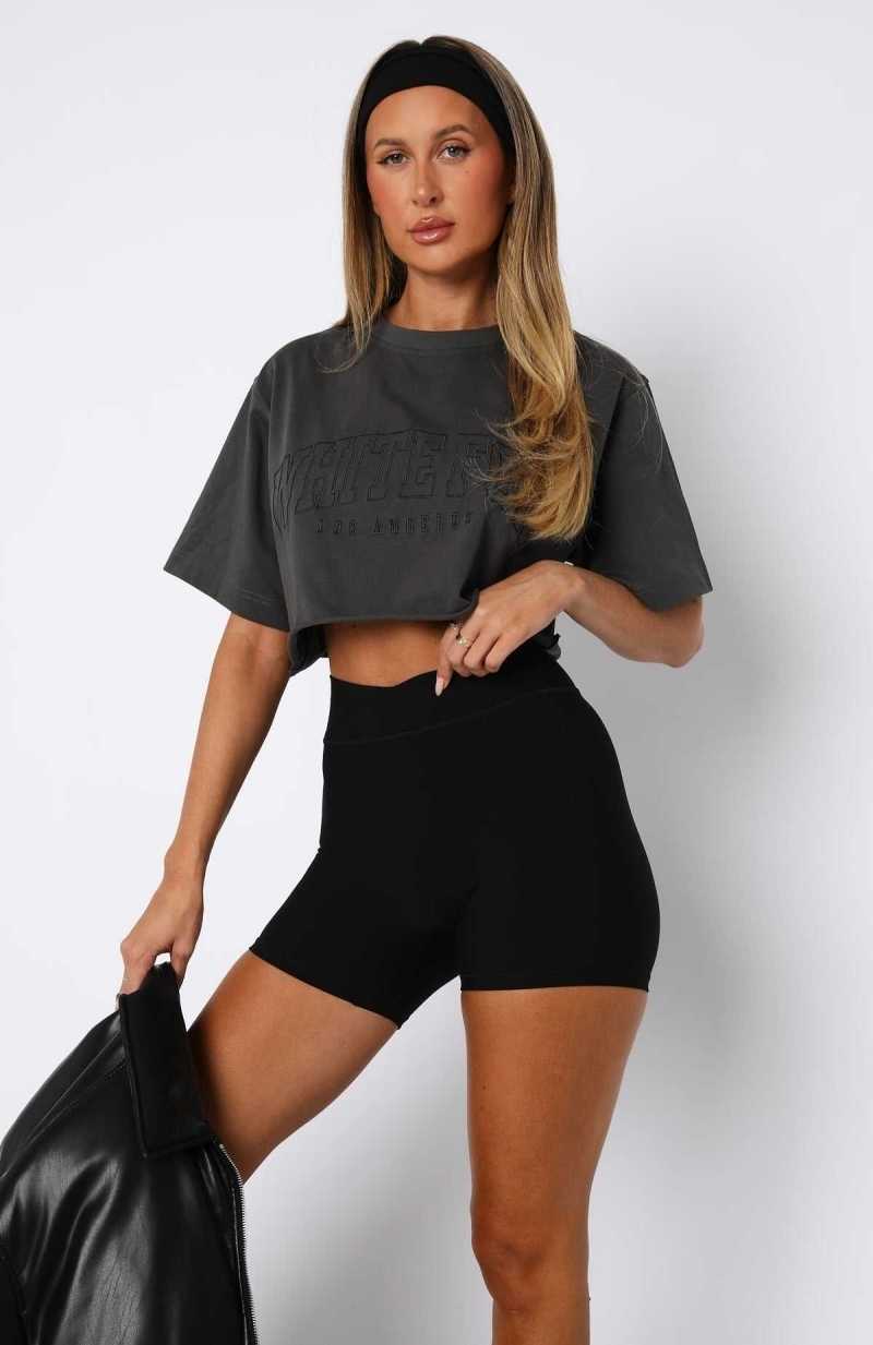 White Fox Let's Get Started Oversized Cropped Tee Charcoal | YAPODE-601