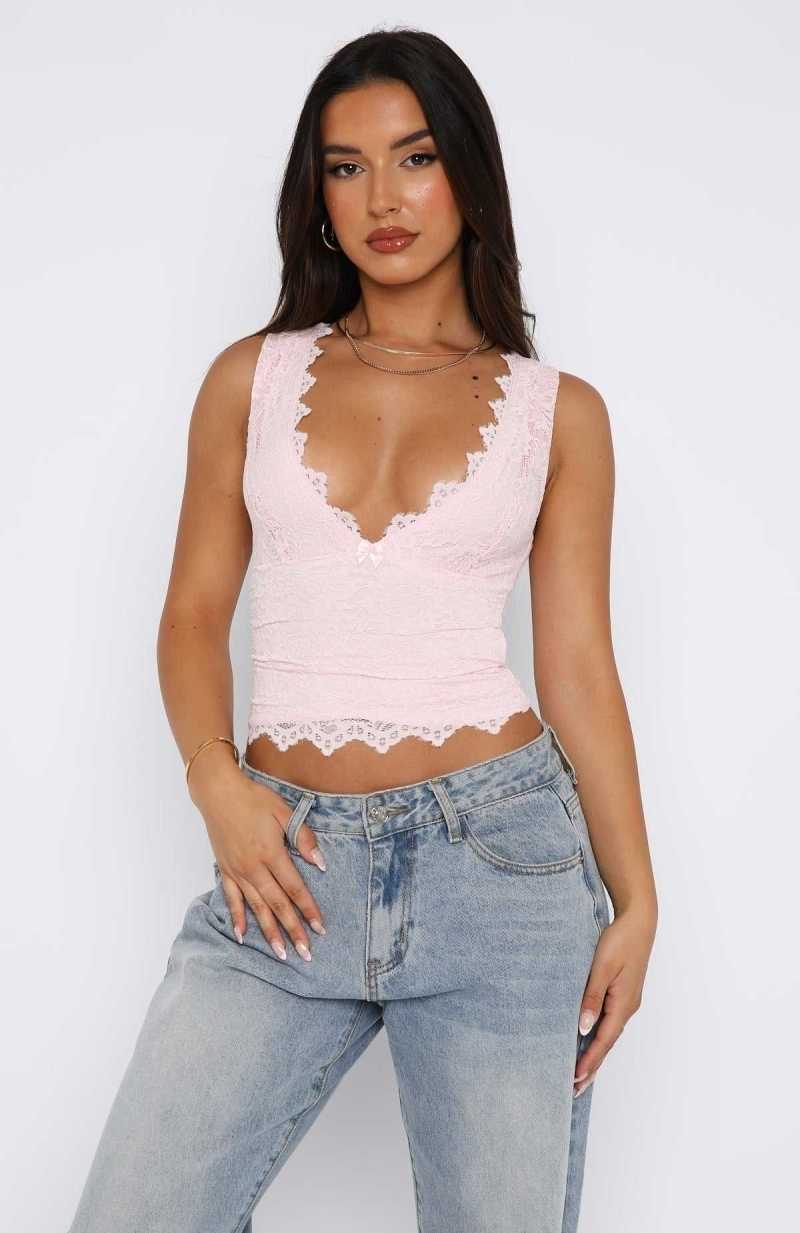 White Fox Let's Just Talk Lace Top Baby Pink | FUXTWE-059