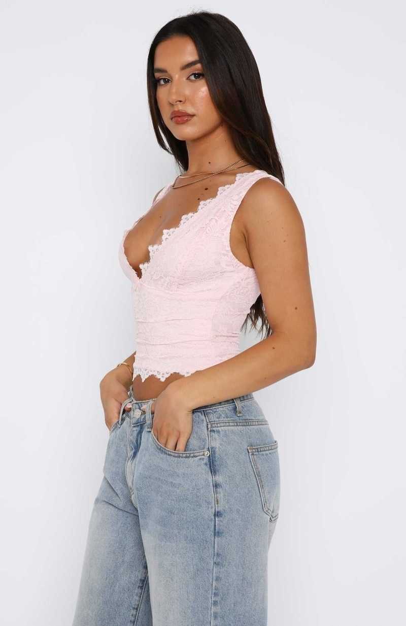 White Fox Let's Just Talk Lace Top Baby Pink | FUXTWE-059