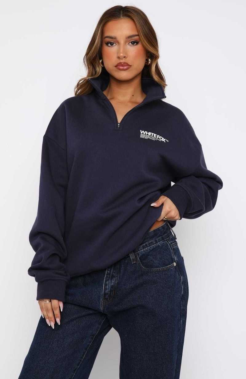 White Fox Like No One Else Zip Front Sweater Navy | YHGMEV-829