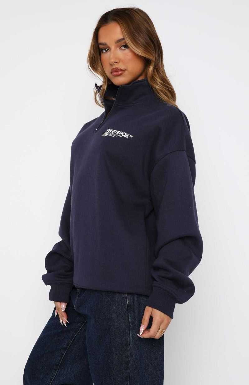 White Fox Like No One Else Zip Front Sweater Navy | YHGMEV-829