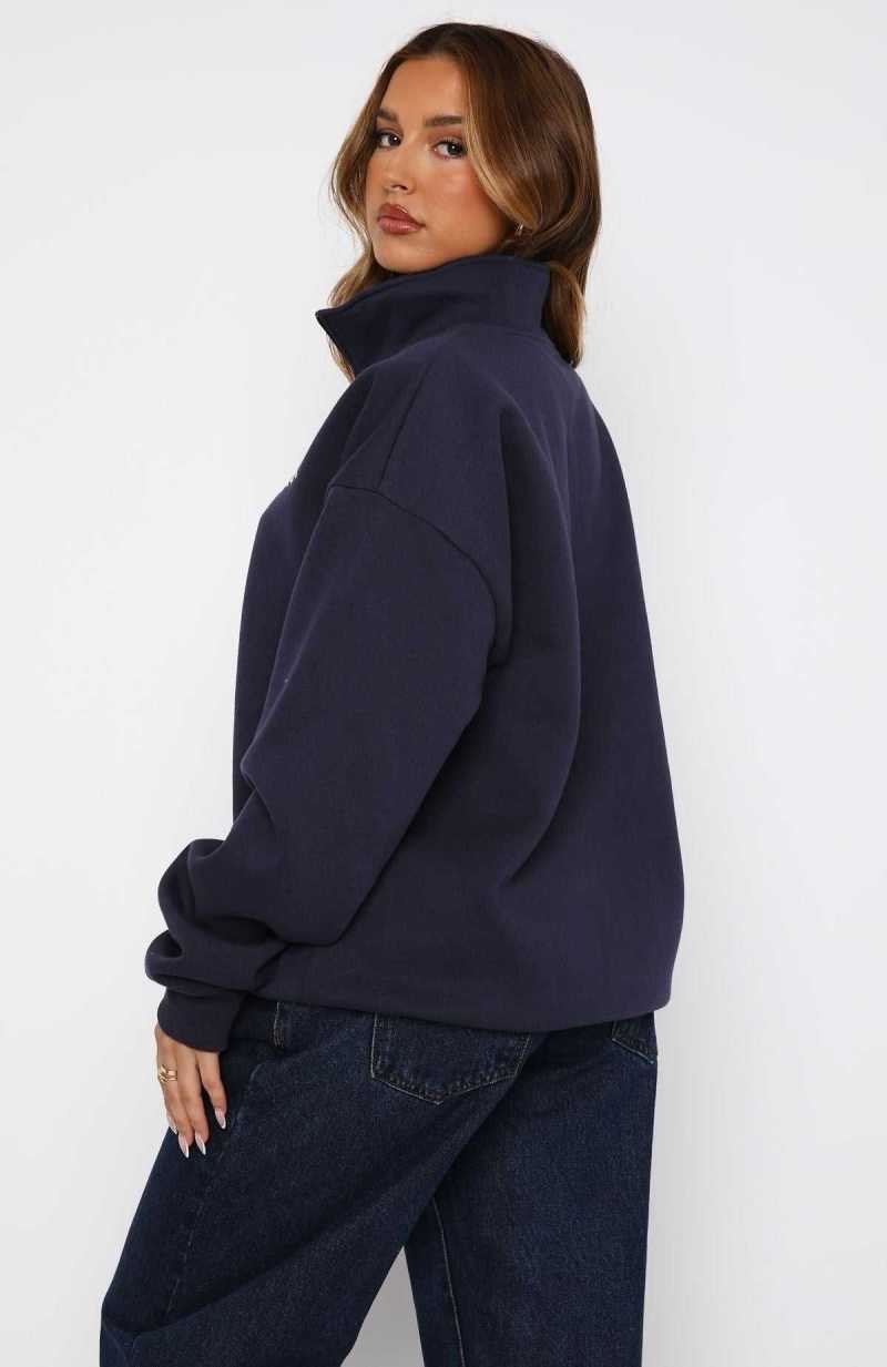 White Fox Like No One Else Zip Front Sweater Navy | YHGMEV-829