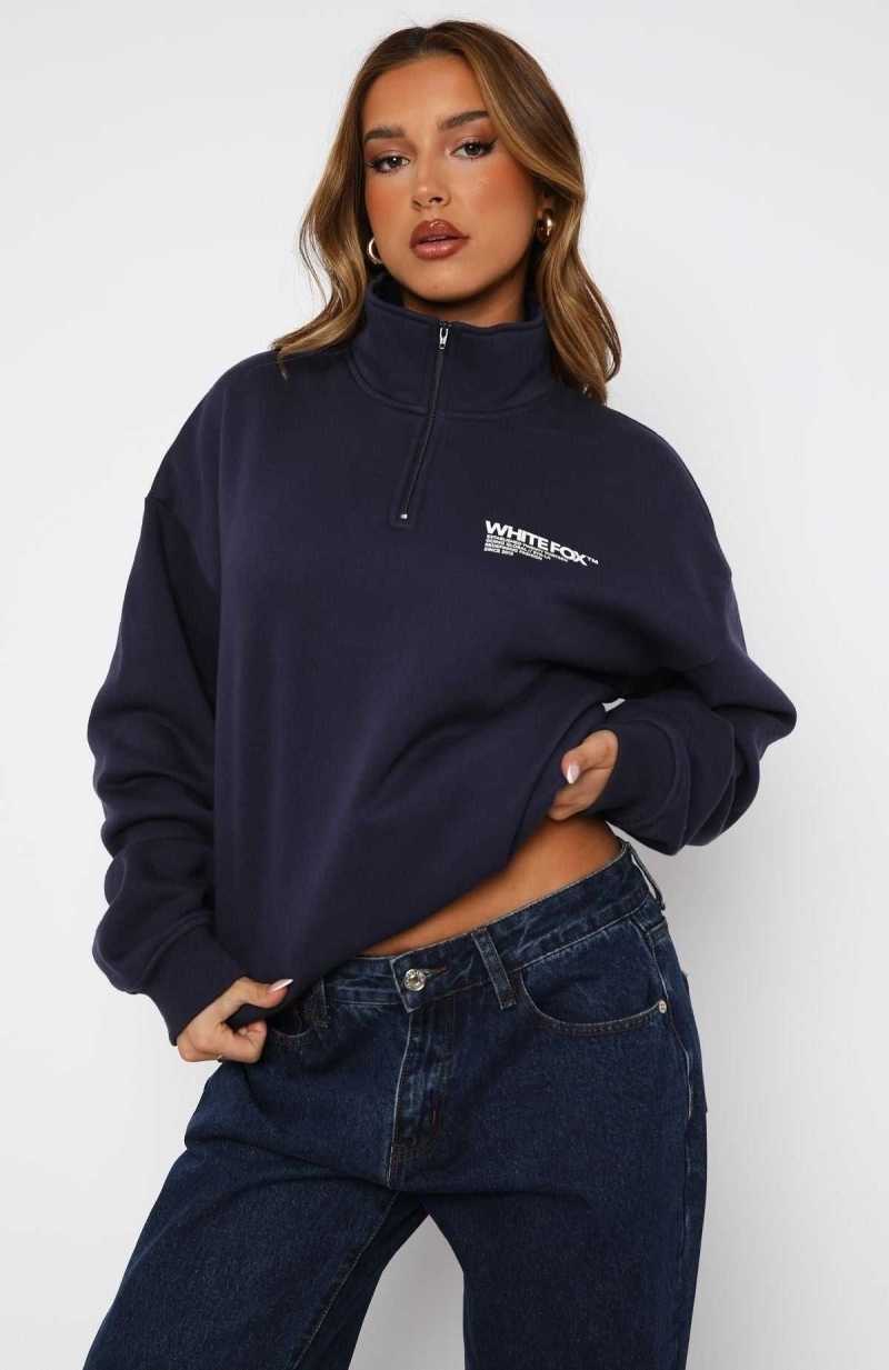 White Fox Like No One Else Zip Front Sweater Navy | YHGMEV-829