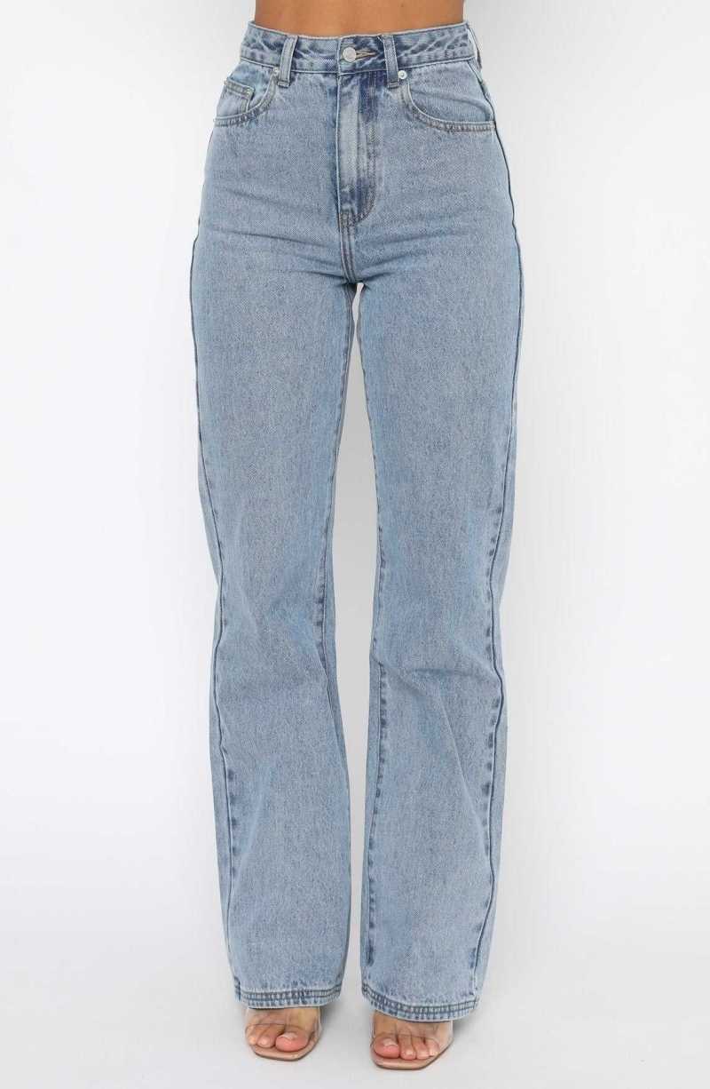 White Fox Long Way To Go High Rise Straight Leg Jeans Washed Blue | NRWYHZ-372