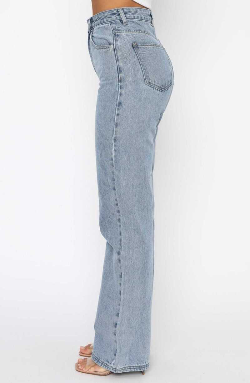 White Fox Long Way To Go High Rise Straight Leg Jeans Washed Blue | NRWYHZ-372
