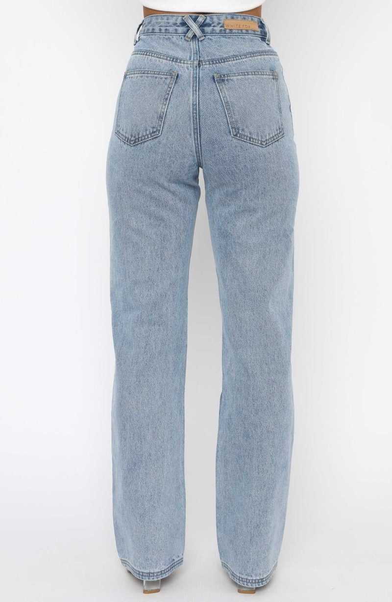 White Fox Long Way To Go High Rise Straight Leg Jeans Washed Blue | NRWYHZ-372
