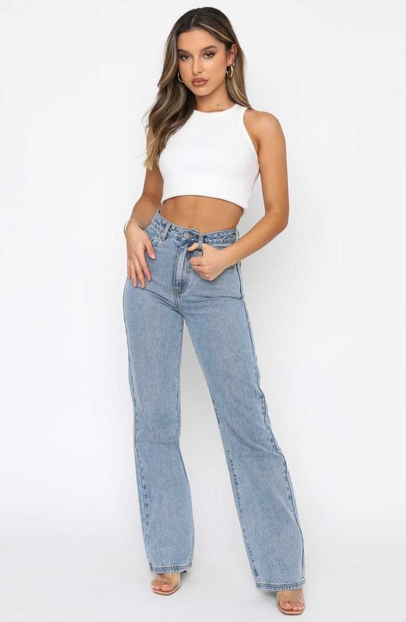 White Fox Long Way To Go High Rise Straight Leg Jeans Washed Blue | NRWYHZ-372