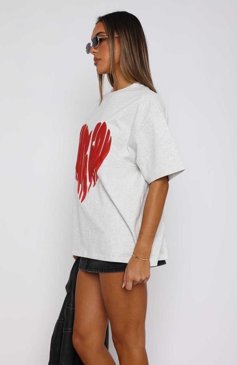 White Fox Love Burst Oversized Tee Grey Marle | MJWVLC-657