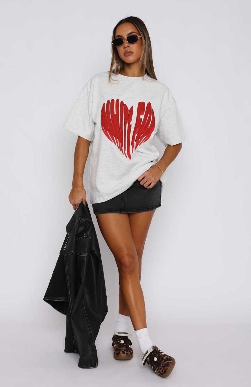 White Fox Love Burst Oversized Tee Grey Marle | MJWVLC-657