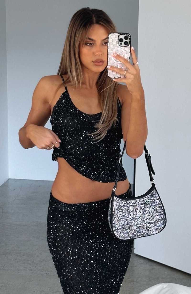 White Fox Love Galore Sequin Knit Top Black | BWQSYV-926