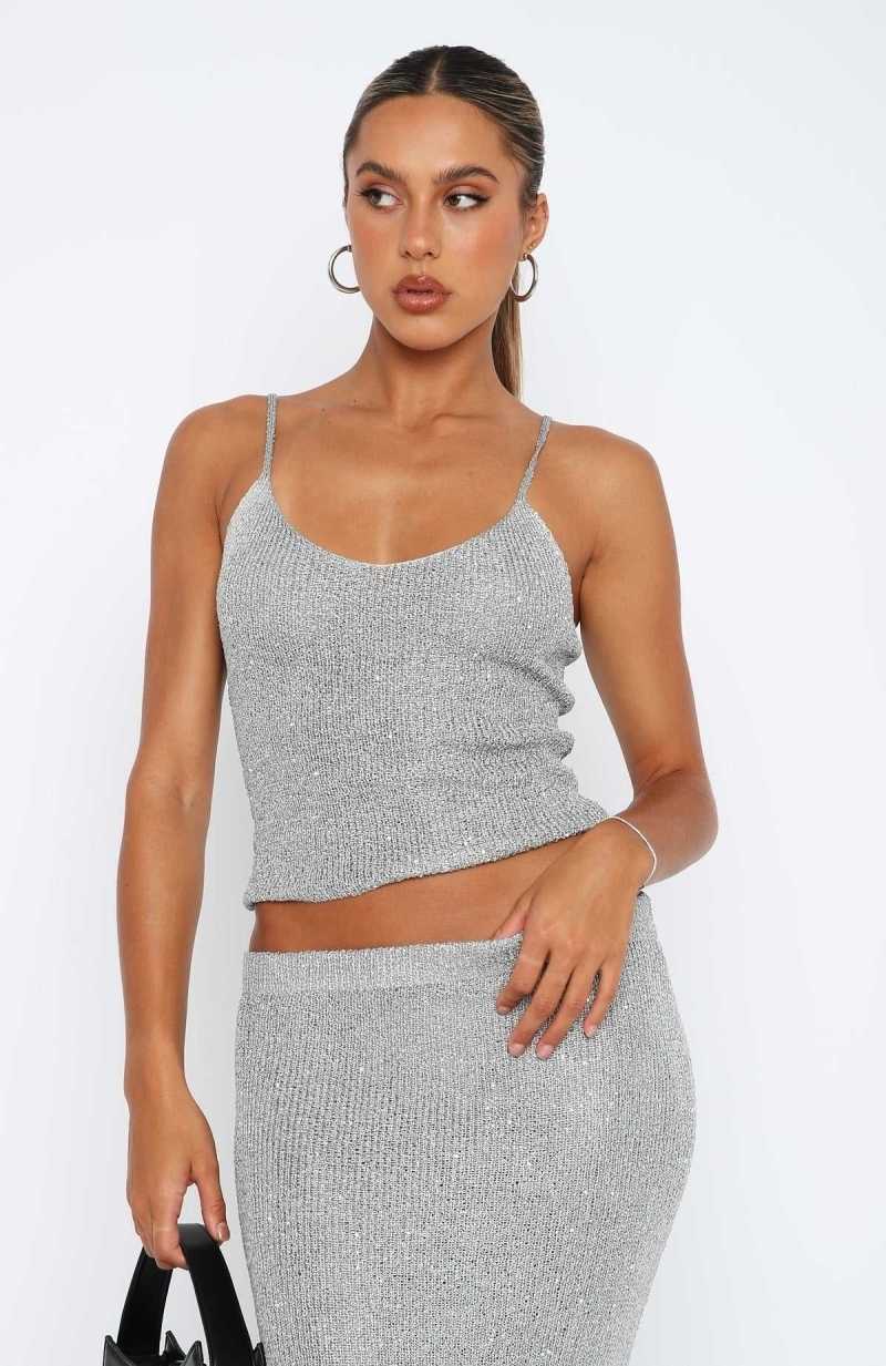 White Fox Love Galore Sequin Knit Top Grey | JUMYAH-465