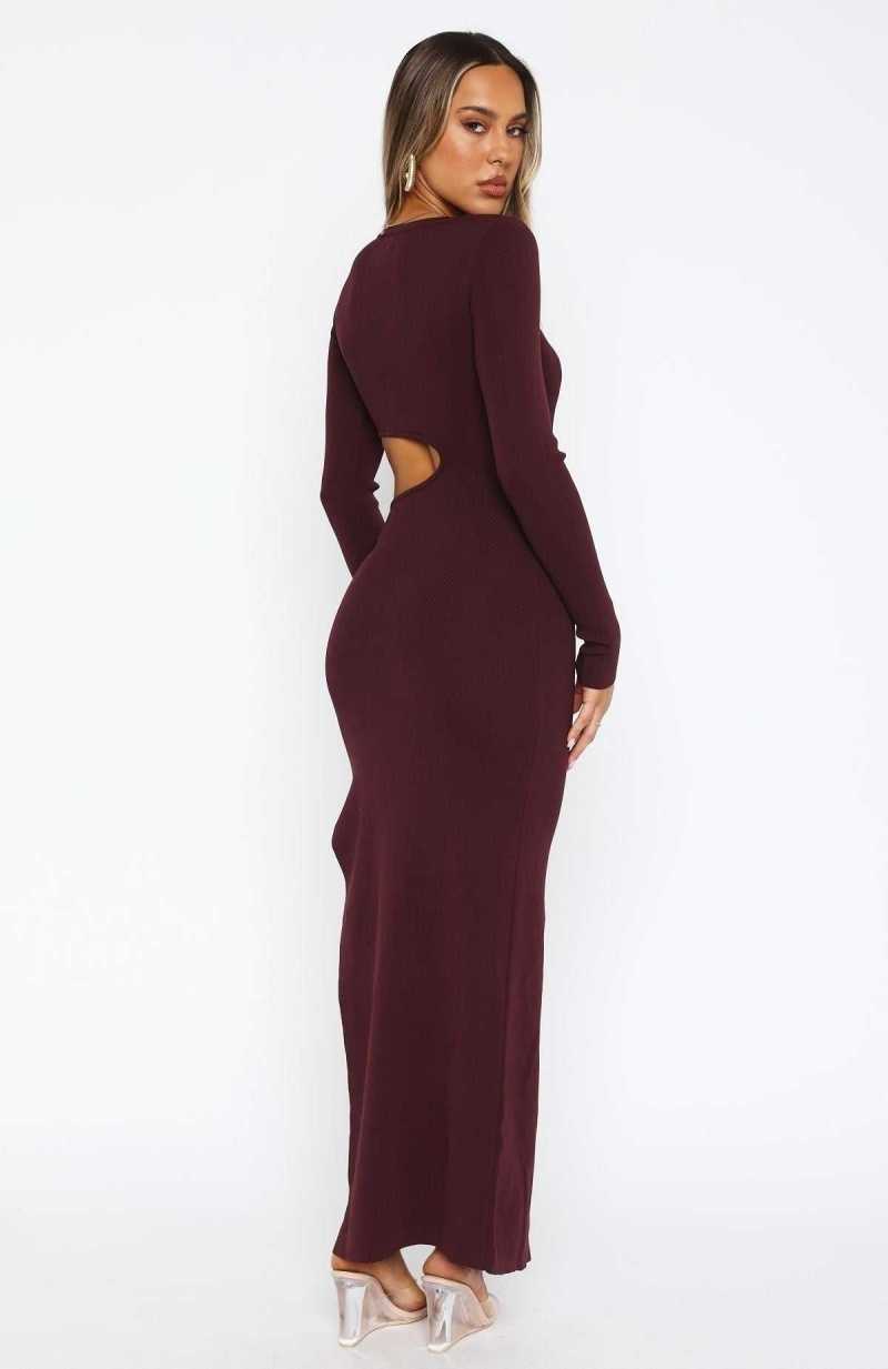 White Fox Love Me Again Long Sleeve Maxi Dress Dark Burgundy | QYHNAZ-365